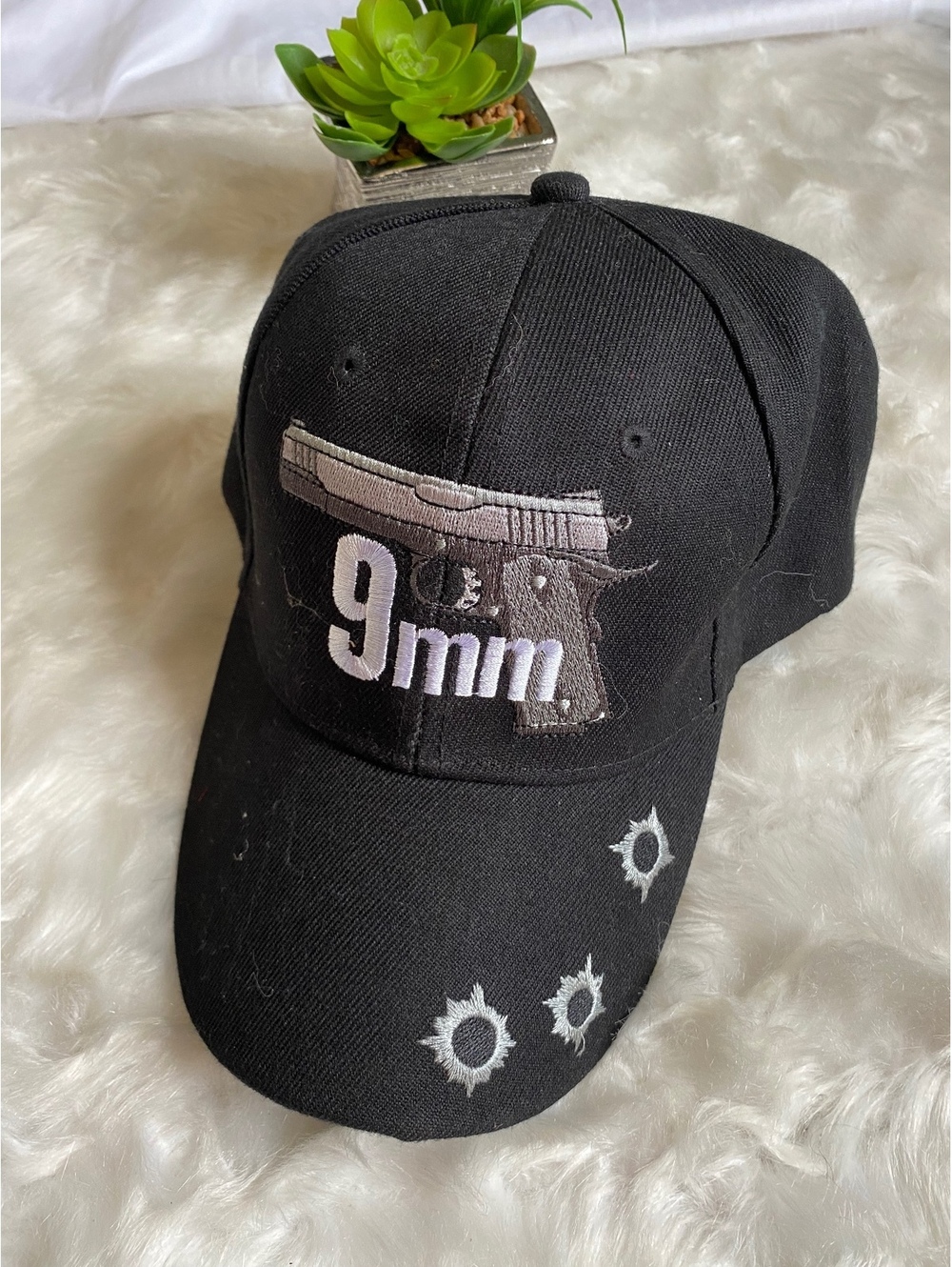 Black 9mm Gun Embroidered Baseball Cap Hat with Bullet Hole